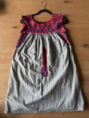 Mi Golondrina Red & blue Embroidered Cotton Dress on pinstripe S